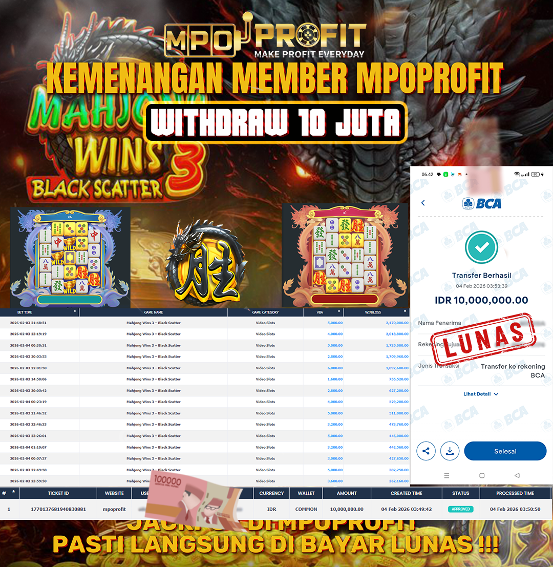 MPOPROFIT JACKPOT PRAGMATIC SLOT ! KEMENANGAN MURNI DI (MAHJONG BLACK SCATTER TOTAL 10.000.000,- LUNAS)